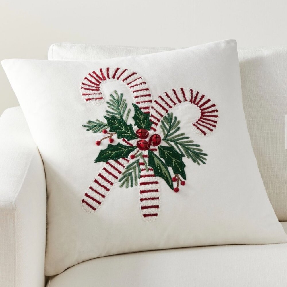 Pottery Barn Candy Cane Embroidered Pillow Cover, 20" NWT
